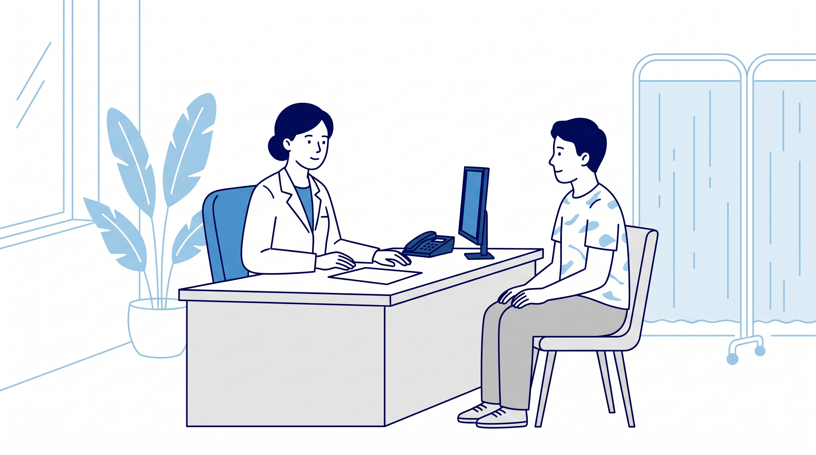 クリニックで医師に相談する患者のイラスト