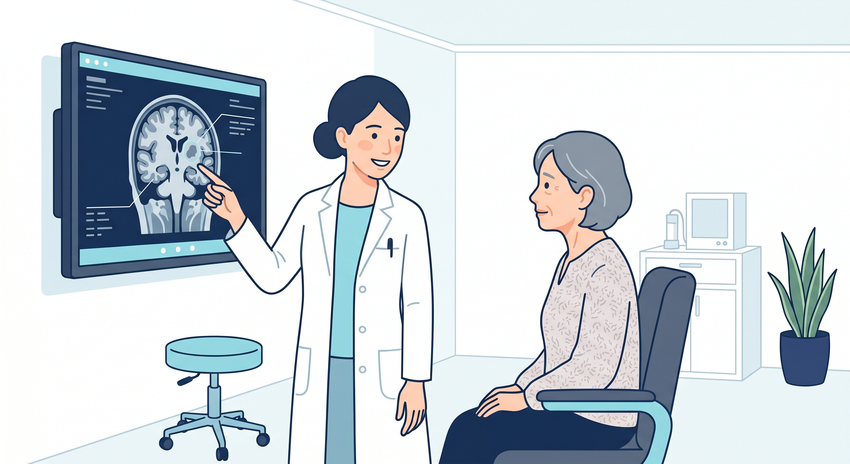医師が脳MRI画像を見せて患者にやさしく説明する様子