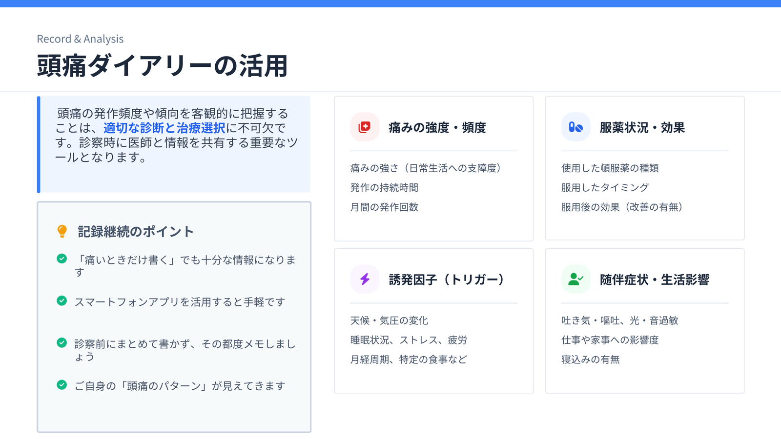 頭痛ダイアリーの活用｜記録する4項目と記録を続けるポイント