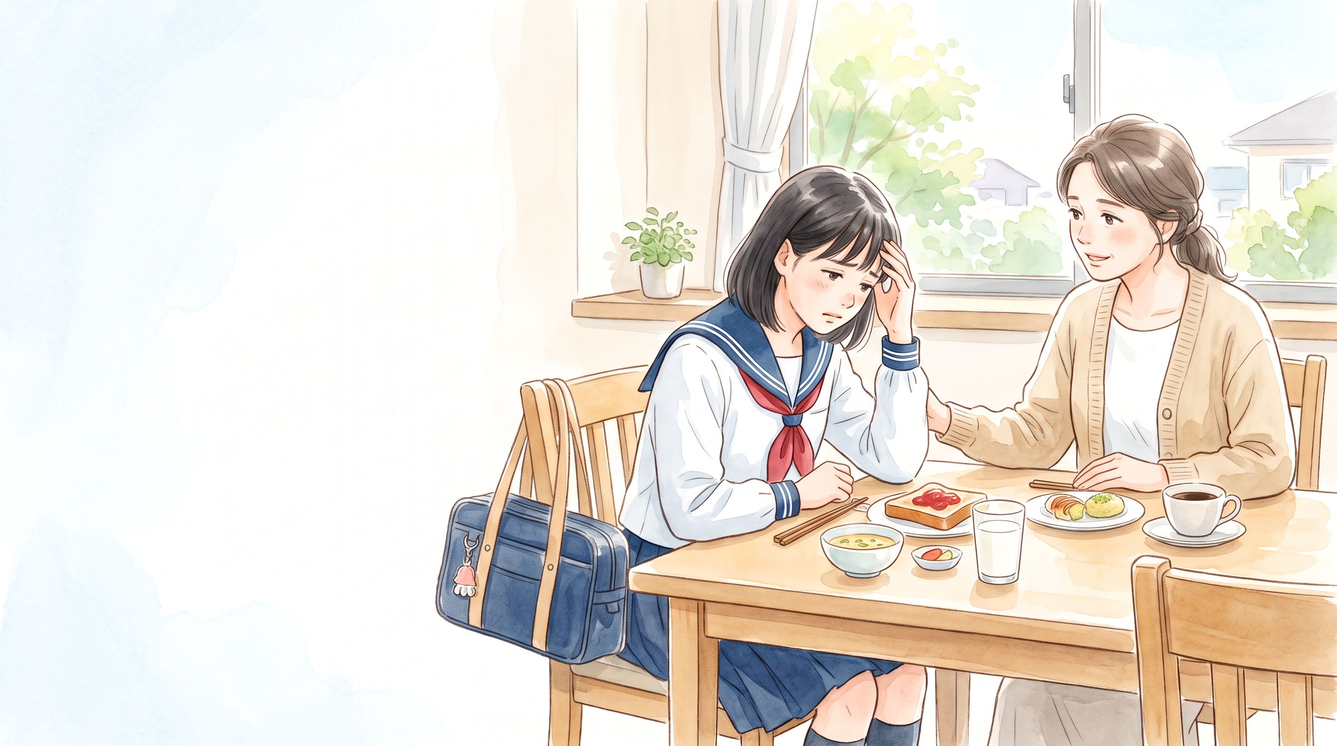 学校へ行く前に頭痛を訴える中学生と、話を聞く保護者｜子どもの頭痛と受診の目安